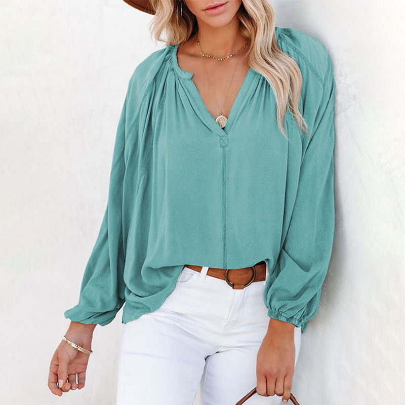 Spring Autumn V neck Long Sleeve Top Women Solid Color Loose Fitting T shirt