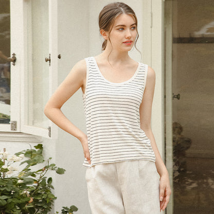 French Contrast Color Ptripe Linen Vest Summer Minimalist Thin Sleeveless Basic Bottoming Top Women Clothing