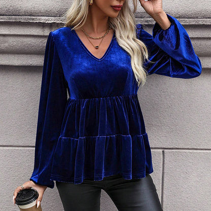 Small V neck Tight Waist Show Waistline Hem Pleated Long Sleeve Top