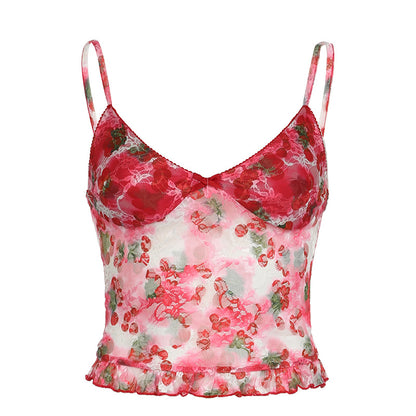 Camisola de malla floreciente con estampado de cereza y escote en V sexy y dulce y picante Chaleco de encaje ceñido de corte bajo con dopamina para chica