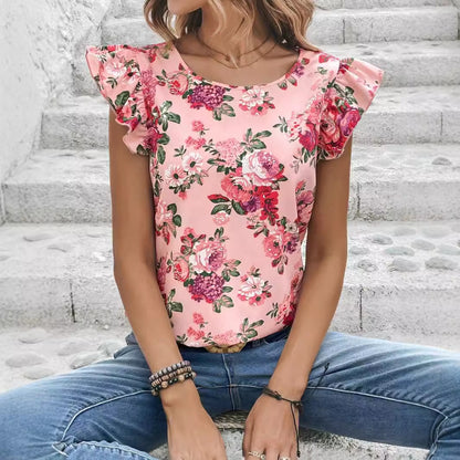 Women Clothing Summer Floral Print Short Sleeved Women Shirt