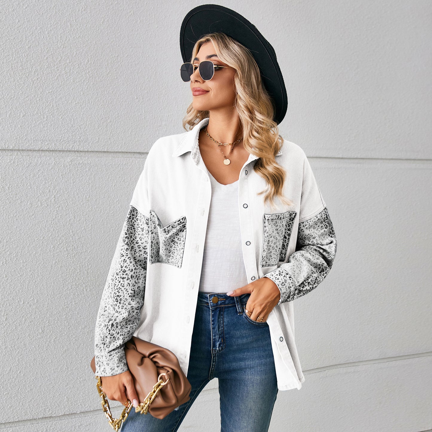 Trade Loose Leopard Print Stitching Denim Shirt Long Sleeve Tup Cardigan