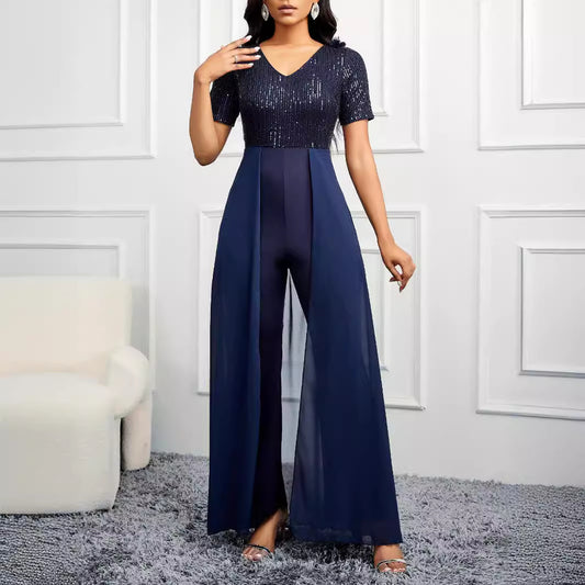 Solid Color V neck Short Sleeve Sequined Elegant Slim Fit Cocktail Jumpsuit