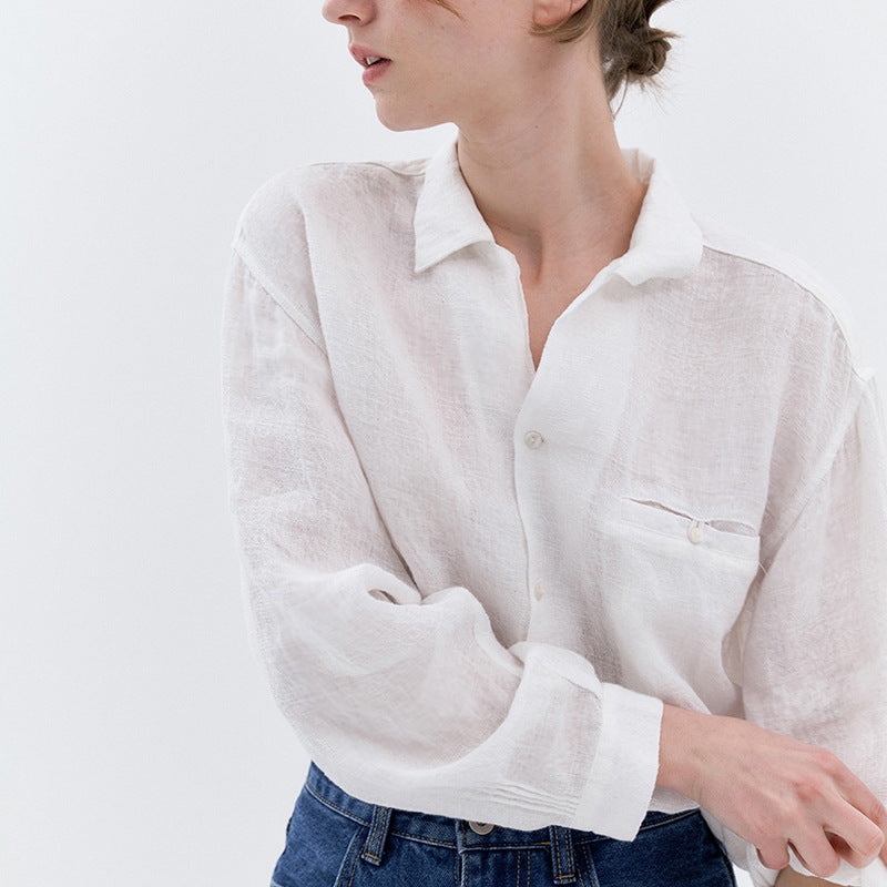 Office Pure Linen Long-Sleeved Shirt Summer Contrast Color Women Small Organ Pleated Single Breasted Collared Shirt