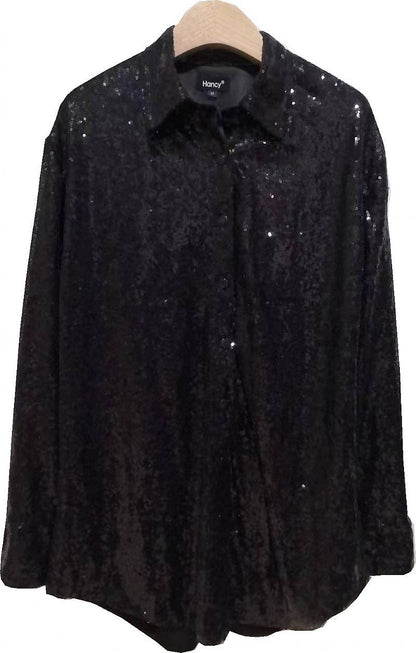 Women Sequin Long Sleeve Loose Mid Length Sequined Shirt