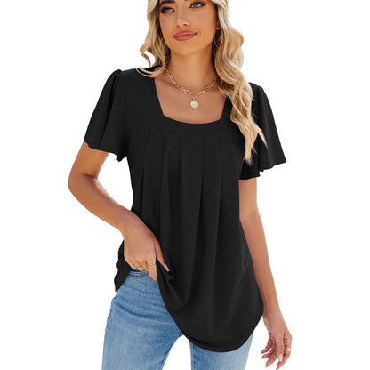 Spring Summer Solid Color Square Collar Pleated Short Sleeves Loose Fitting T shirt Top Women