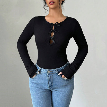 Women Clothing Simple Office T Shirt Autumn Winter Round Neck Slim Fit All Match Inner Bottoming Top