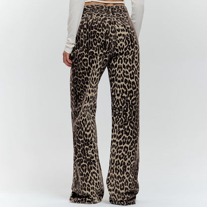 Verano Retro Street pantalones sueltos de cintura baja con estampado de leopardo pantalones de pierna ancha de algodón pantalones casuales para mujer