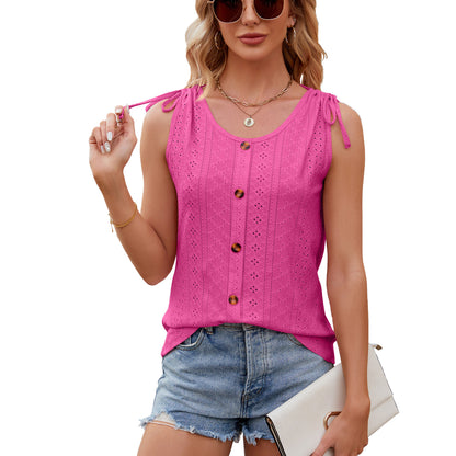 Summer Solid Color Round Neck Button Drawstring Loose Vest