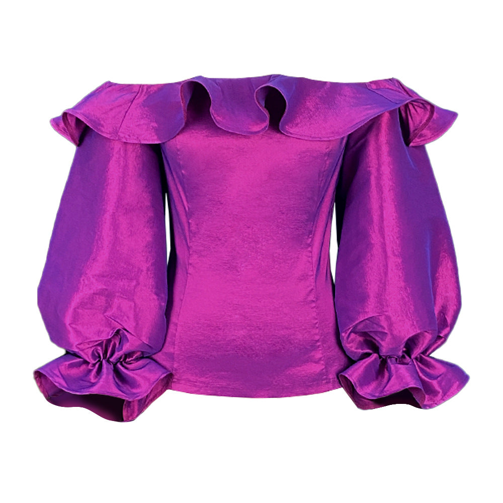 Summer Purple off Shoulder Lantern Sleeve Ruffled Sexy Elegant Top