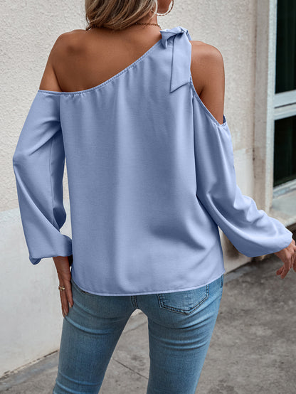 Blusa informal holgada de un hombro con mangas largas y lazo de color liso para primavera y verano