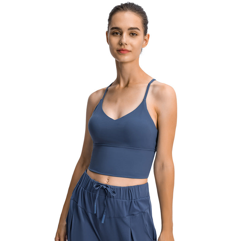 Ropa interior deportiva larga que combina con todo para mujer, Sujetador deportivo con tirantes finos cruzados y moldeador de espalda, a prueba de golpes, Push up, primavera y verano