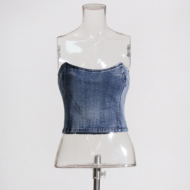 Sexy kurzes Tube-Top für Damen, hochwertiges Slim Fit Slimming-Outfit zum Draußentragen, Denim-Tube-Top für Damen