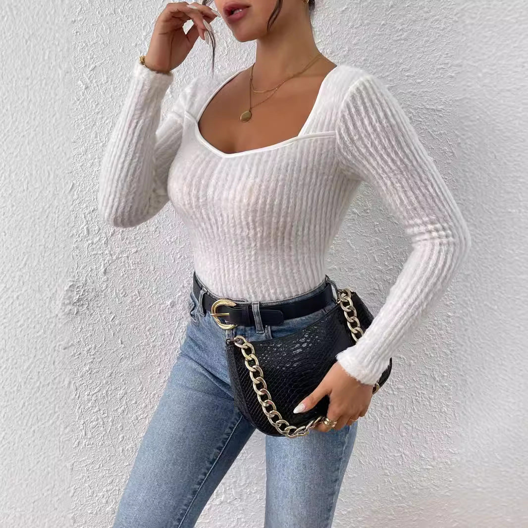 Women Clothing Fall Slim Fit Sexy Low Cut Furry Long Sleeved T shirt