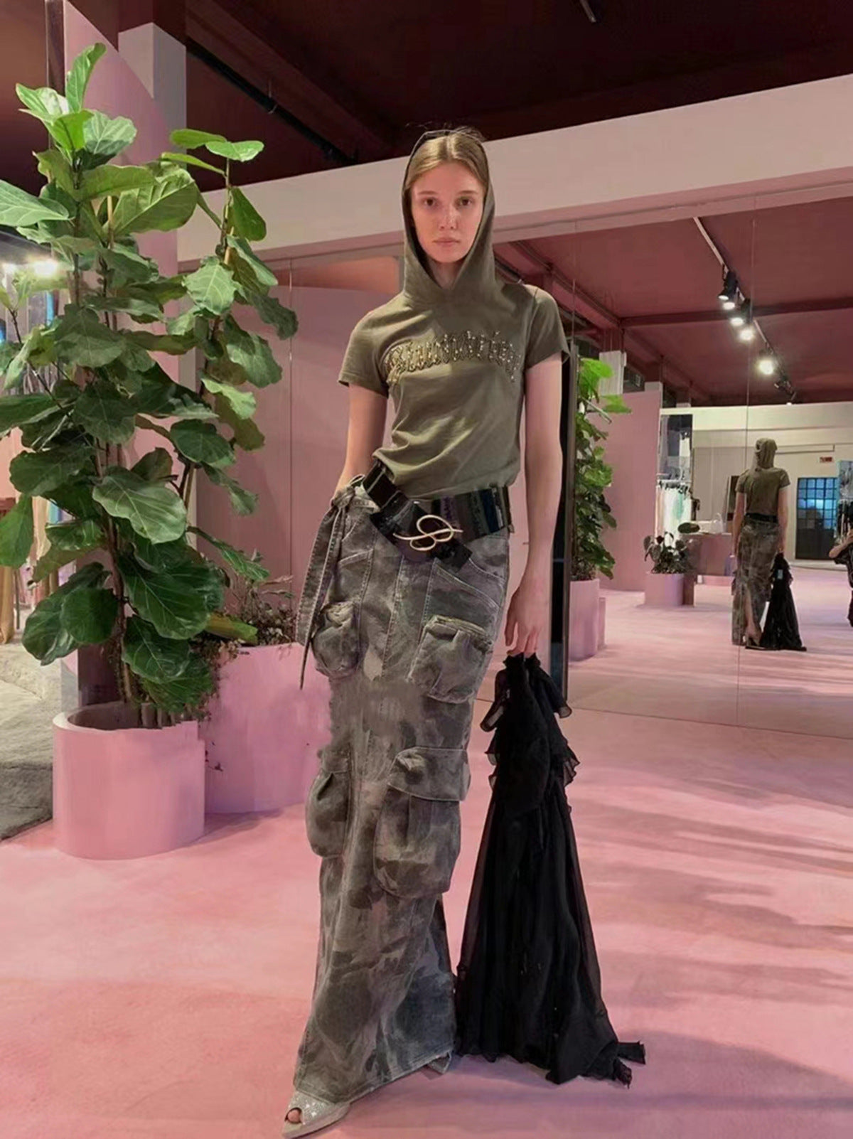 Niche Camouflage Khaki Green Long Skirt Spring Summer Tooling Multi Pocket Straight Long Denim Skirt