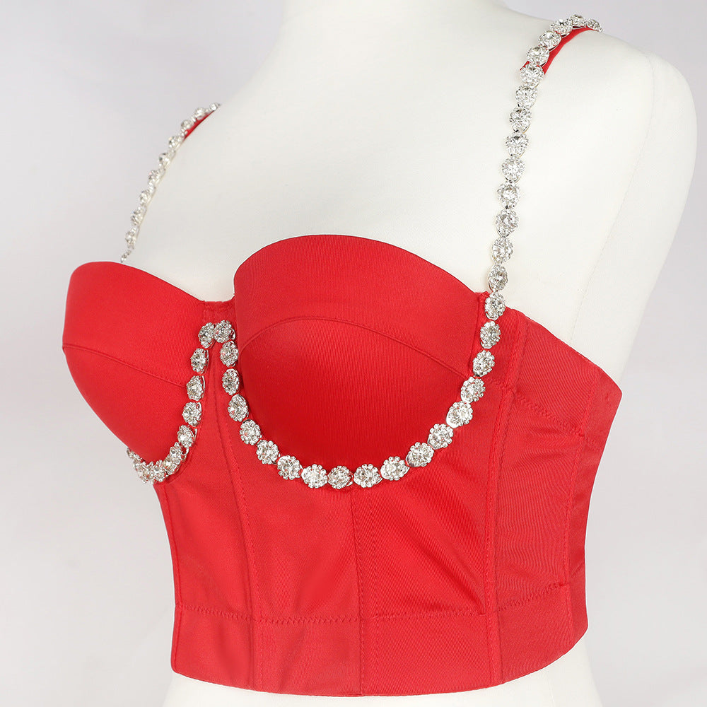 Verano Diamante Incrustado Correa De Hombro Envuelto Pecho Sexy Sin Espalda Camisola Francesa Mujeres Exterior Push Up Deshuesado Corsé Deshuesado Corset Bra