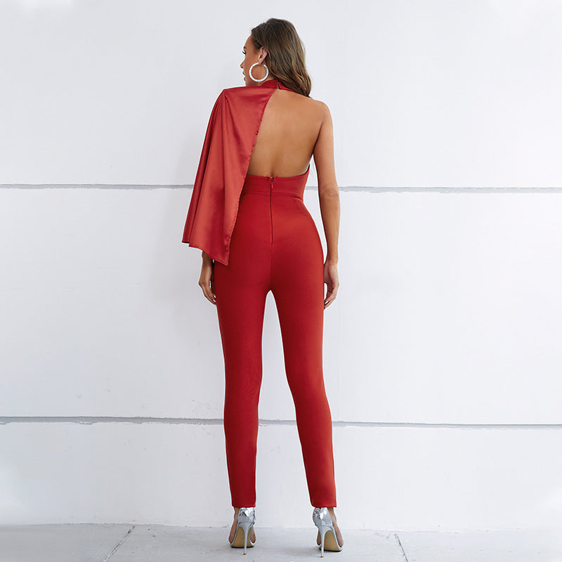 Women Jumpsuit Deep V Plunge neck Halter Skinny Pants Padded Shoulder Jumpsuit Bodysuit