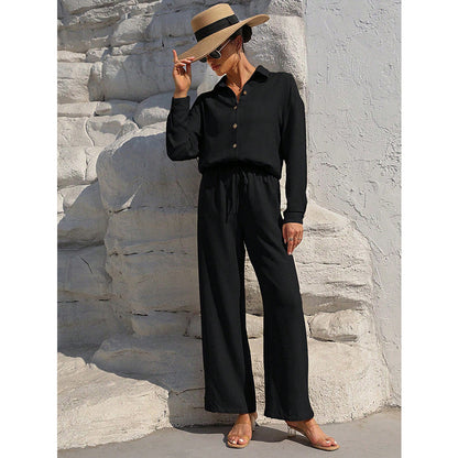 Trousers Shirt Outfit Solid Color Collared Long Sleeve Shirt Loose High Waist Trousers Casual Set