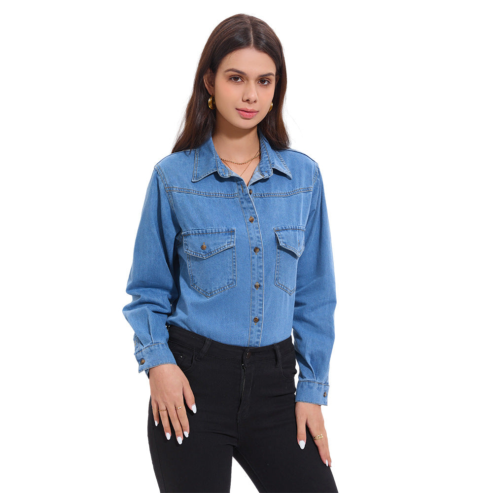 Primavera Verano Denim camisa vendaje vestido pequeño suelto manga larga Top Mujer