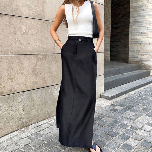 Black Cotton Silk Women Clothing Autumn Split High Waist Office Drape Skirt Skirt