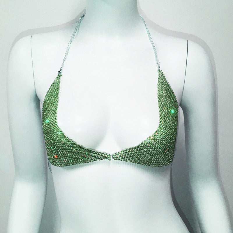 Ropa de mujer Body Cha Bikini exagerado con diamantes de imitación, collar en el pecho, sujetador Sexy con tirantes finos y cuello Halter para discoteca