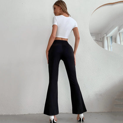 Women Clothing Spring Autumn Cropped Pants Women Bell-Bottom Pants High Waist Slimming Front Slit Casual Pants Women