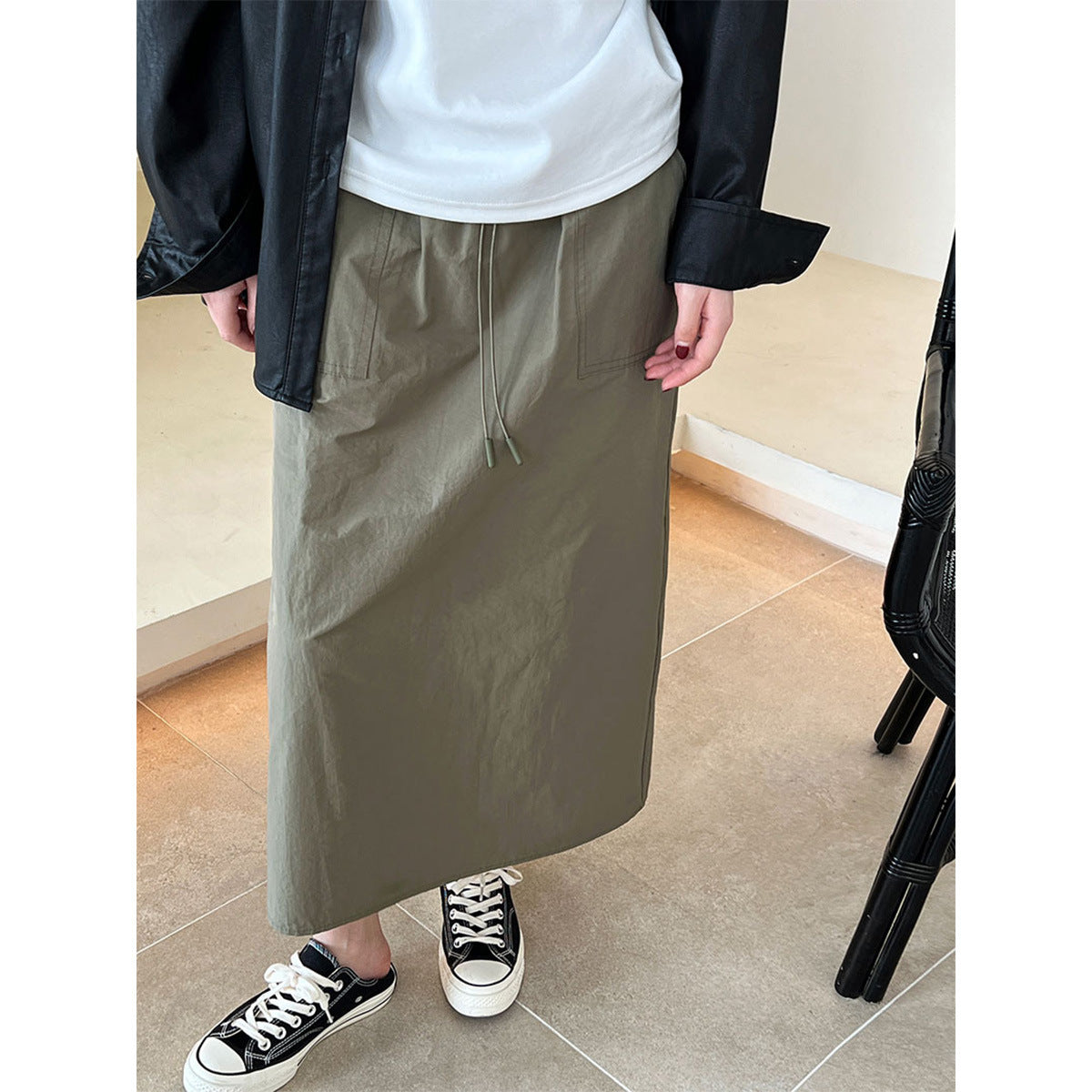 Retro Drawstring Workwear Skirt Design Thin Straight Skirt High Waist Skirt