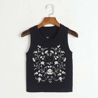 Round Neck Vest Women Early Summer Machine Embroidery Rattan Floral Print Western Slimming Knitted Top