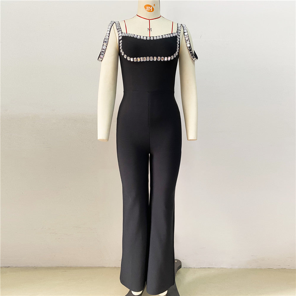 Sexy ärmelloser Jumpsuit mit hoher Taille und Strasssteinen, enger Stretch-Overall mit weitem Bein für Damen