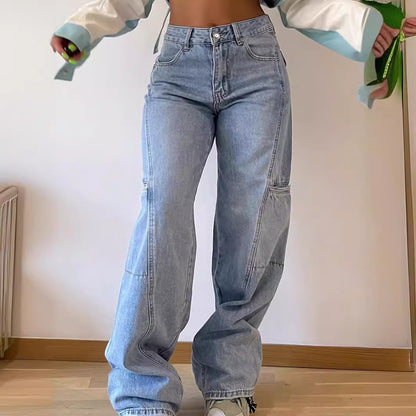 Workwear Jeans Spring Summer Light Blue Pocket High Waist Loose Wide Legs Trousers Jeans