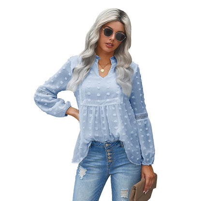 Lace Chiffon Shirt for Women Spring Autumn Solid Color Fur Ball V neck Puff Sleeve Long Sleeve Top