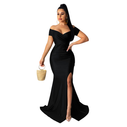 Women Clothing Sexy Dress Nightclub V neck Formal Dress Solid Color Large Slit Dress Spring Summer Short Sleeve