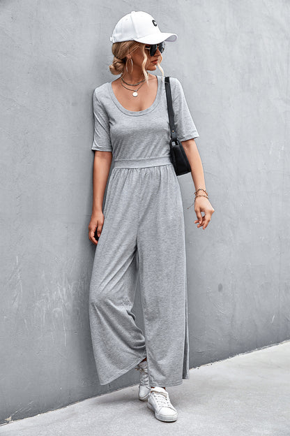 Spring Summer Short Sleeve U Collar Loose Wide Leg Jumpsuit