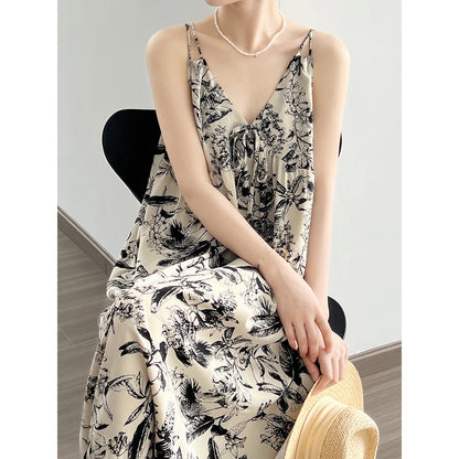 Ink Painting Printed V neck Cami Dress Summer Lazy Wind Long Floral Dress