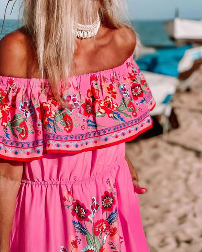 Frühling Sommer schulterfreies rotes Kleid mit Blumenmuster und langem, großem Saum