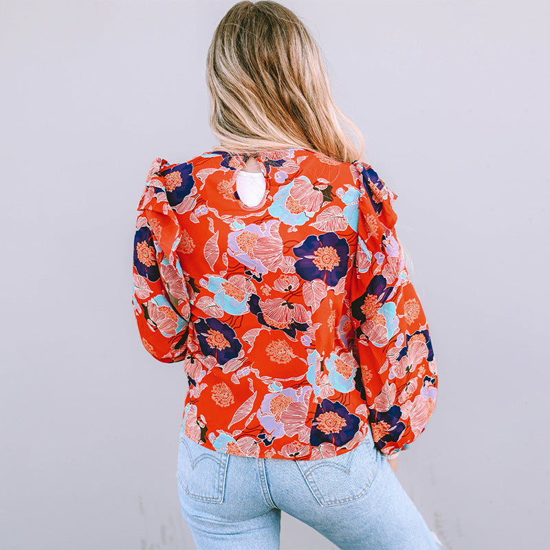 Women Clothing Loose Pullover Top Spring Floral Print Ruffle Sleeve Chiffon Shirt for Women