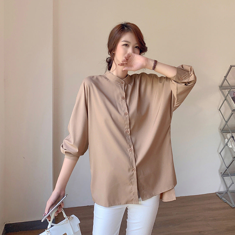 Long Sleeve Autumn Women Long Sleeve Shirt Loose Batwing Sleeve Side Slit Shirt