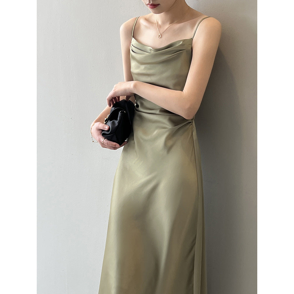 Satin-Slingkleid mit französischem Swingkragen, Sommer-Maxikleid mit Fischschwanz