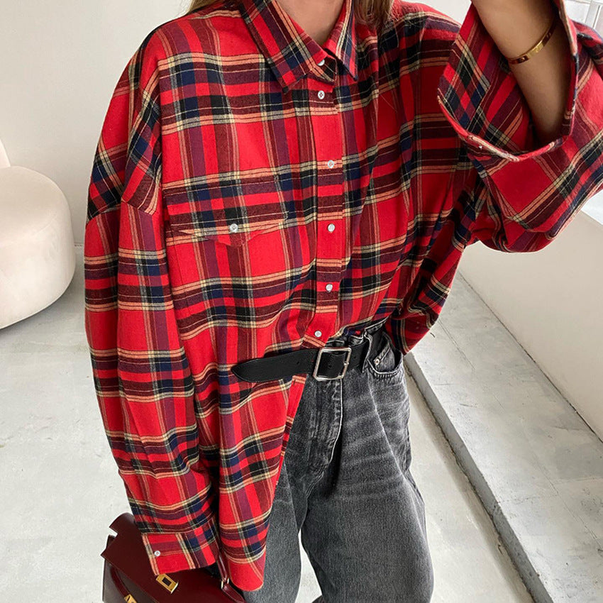 Frühling Plaid Shirt Frauen Trend Retro Plaid Top Baggy Mantel Frauen