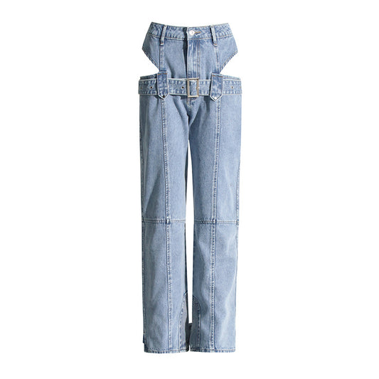 Spring Cropped Outfit Straight Leg Pants Design Overalls Trousers Washed Jeans Women
