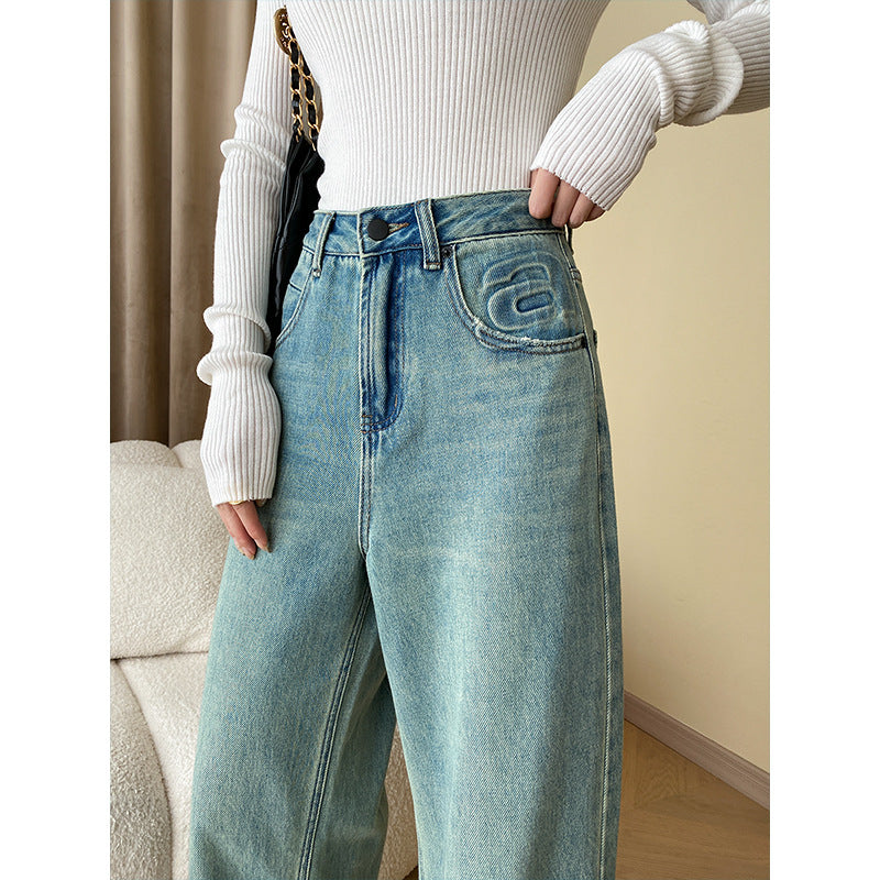 Französische modische Buchstaben Frühherbst Spezial gewaschene gerade Jeans schmale Hose mit weitem Bein