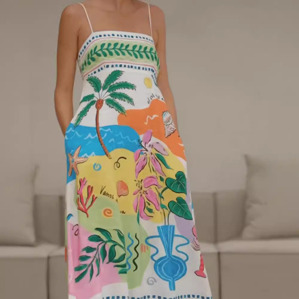 Vestido largo sin mangas con tirantes finos y estampado de posicionamiento Sexy para mujer de verano