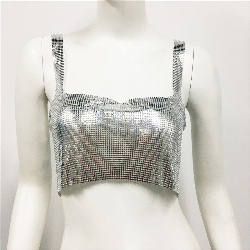 Ropa de mujer Chaleco de lentejuelas de metal Sexy Fiesta Discoteca Dulce Picante Lentejuelas Sling