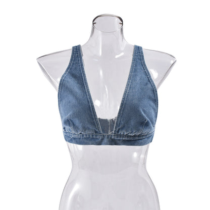 Women Clothing Summer Denim Washing Water Sexy Vest Bra Back Buckle Top