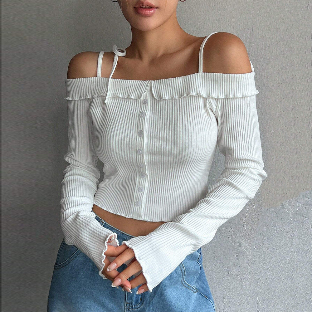 Ropa de mujer Camiseta sencilla y dulce Otoño Invierno Cuello barco Tirantes Manga corta Top largo