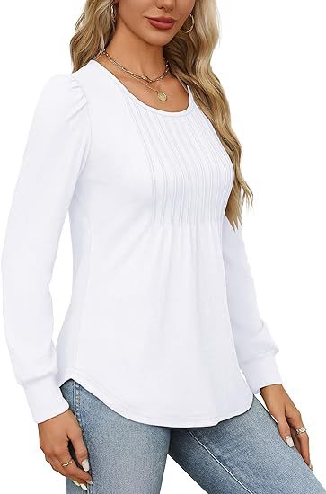 Damen Kleidung Puffärmel Taille Plissee Rundhals Langarm T-Shirt Top