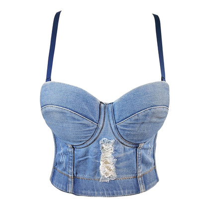 Zerrissenes Denim-Camisole, Oberbekleidung, kurz, sexy, verkürzt, Korsett mit Stäbchen, Tube-Top, Unterwäsche, gratis DJ, sexy Top