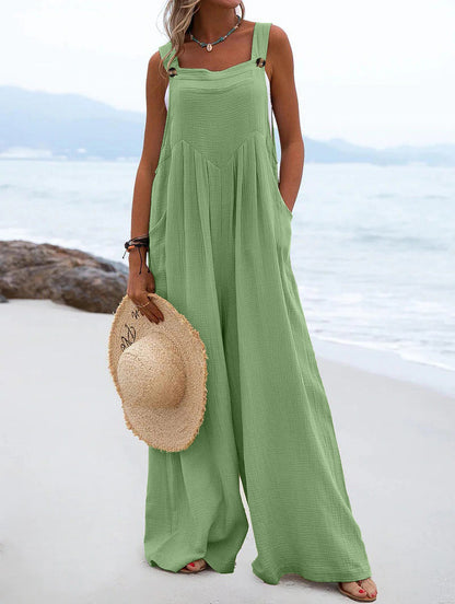 Women Clothing Summer Jumpsuit Ethnic Solid Color Wide Leg Jumpsuit