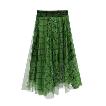 Irregular Asymmetric Cut Green Mesh Skirt Women Button Design Skirt Spring Check