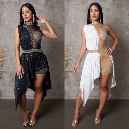 Sexy Slim Fit See through Sleeveless Irregular Asymmetric Hem Stitching Rhinestone Jumpsuit